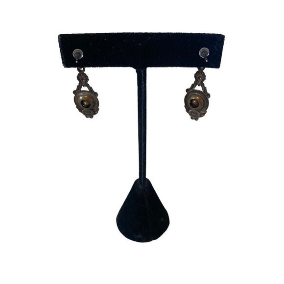 Sadie Green Vintage Faux Amber Stone & Antiqued Gold Tone Drop Earrings - Picture 4 of 6